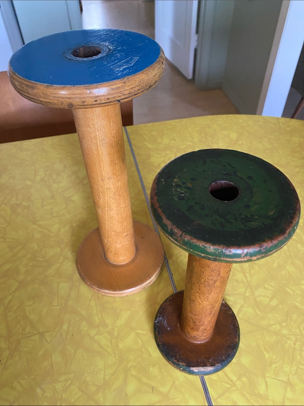 Vintage Wooden Spools in Blue and Green